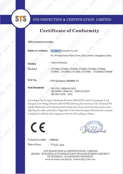 Сертификат CE на машину для производства блочного льда